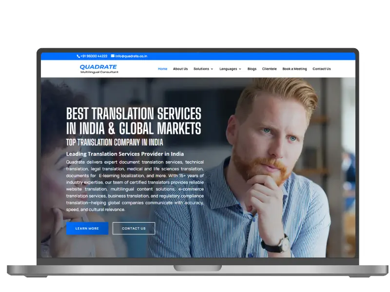 Quadrate professional translation services website displayed on laptop screen